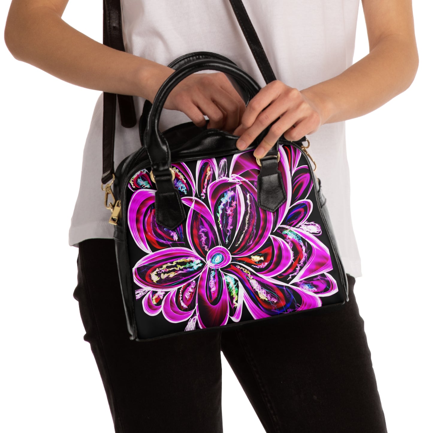 Neon pink electric flower art Shoulder Handbag