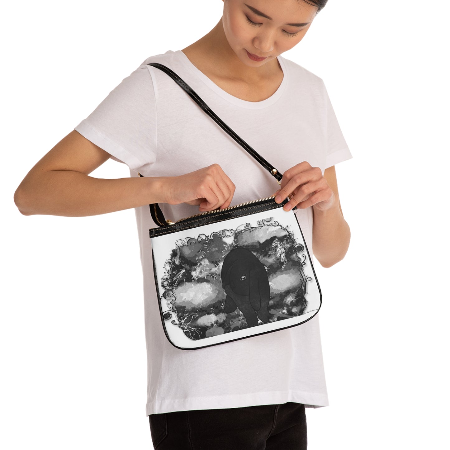 Black bunny art small shoulder bag