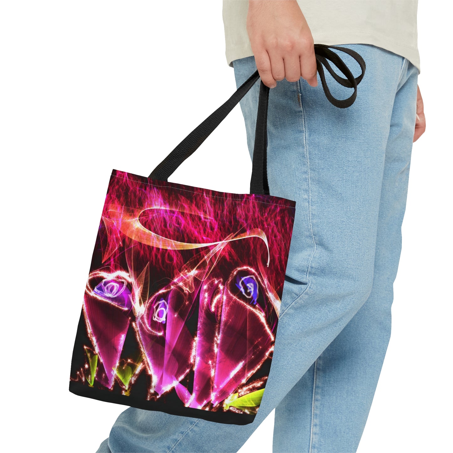 Whimsical fairy light neon flower art tote bag