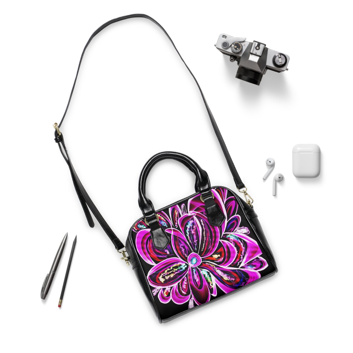 Neon pink electric flower art Shoulder Handbag