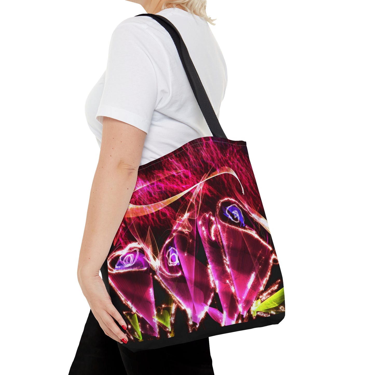 Whimsical fairy light neon flower art tote bag