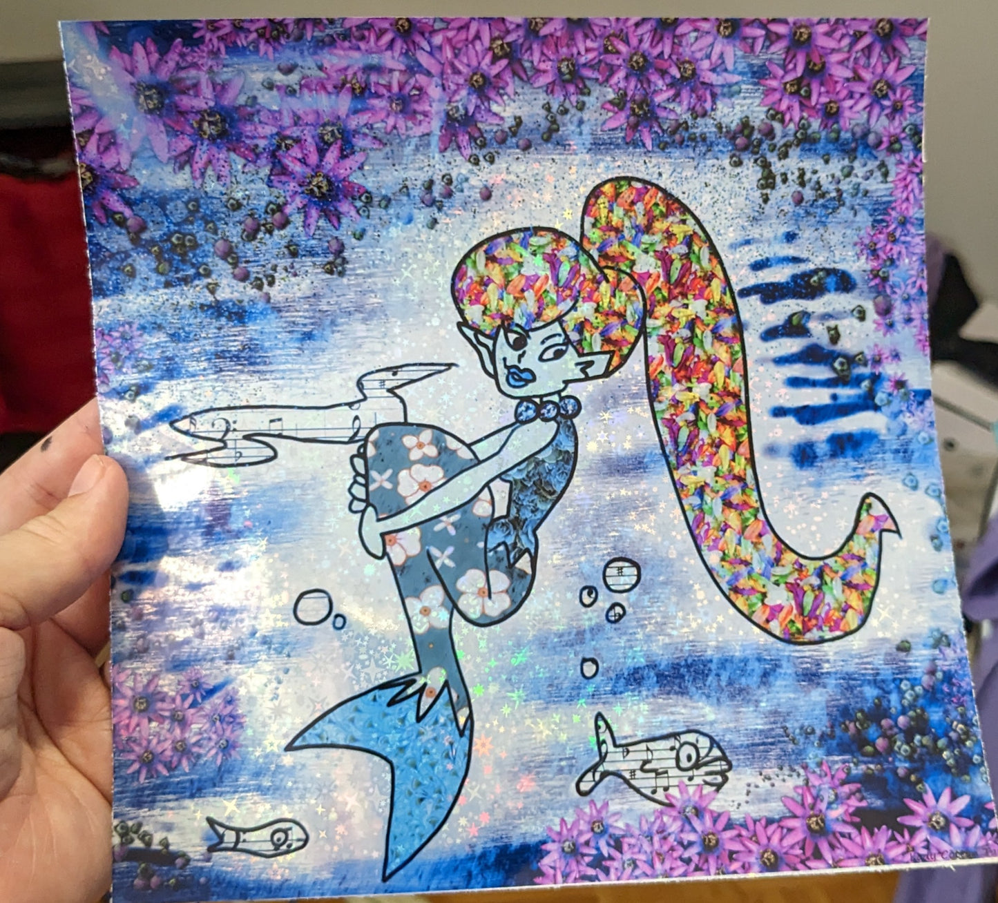 Holographic mermaid pink flowers 8x8 special edition print