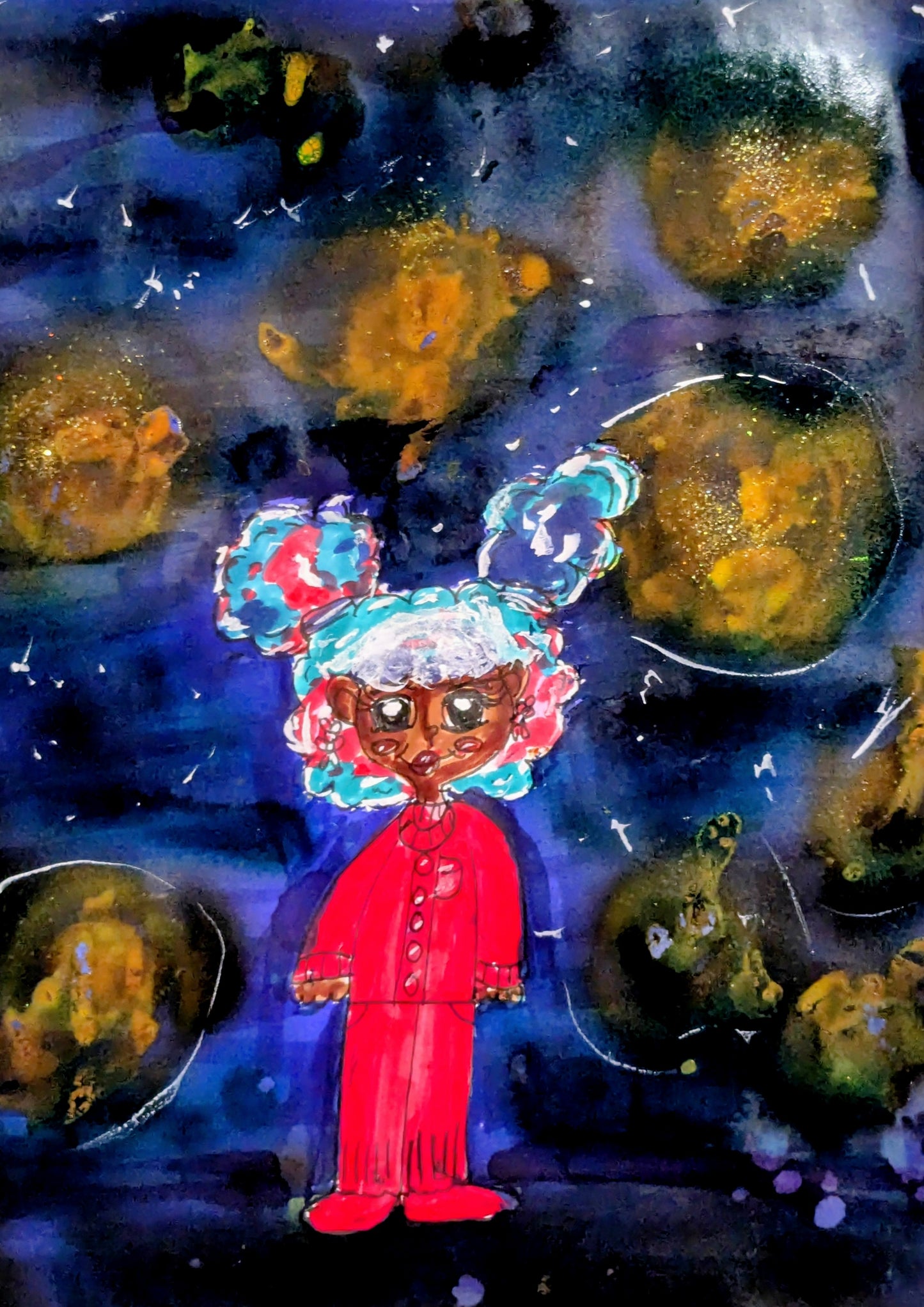 Galaxy girl original copics pen and ink art 11x14