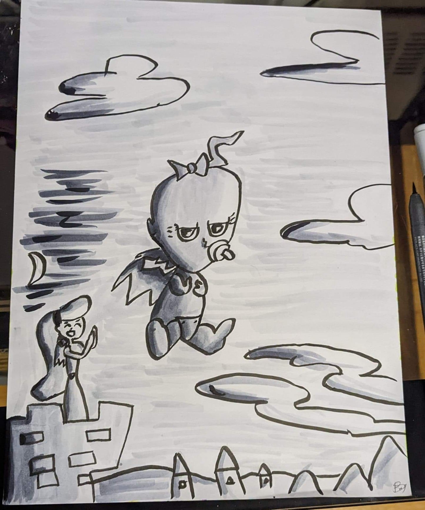 Gargoyle baby and mom pen and ink 9x12