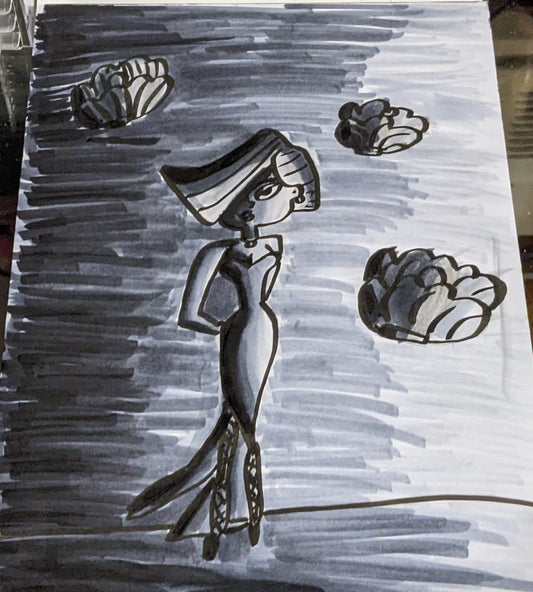 Retro cartoon women scallop clouds pen and ink 9x12