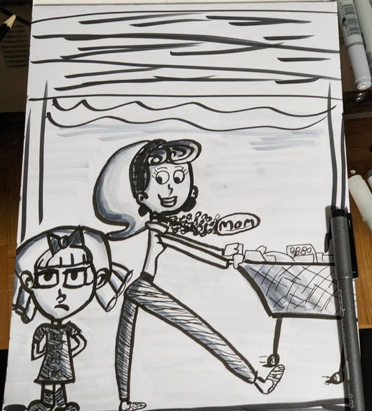 Nest retro mom and daughter grocery shopping pen and ink 9x12