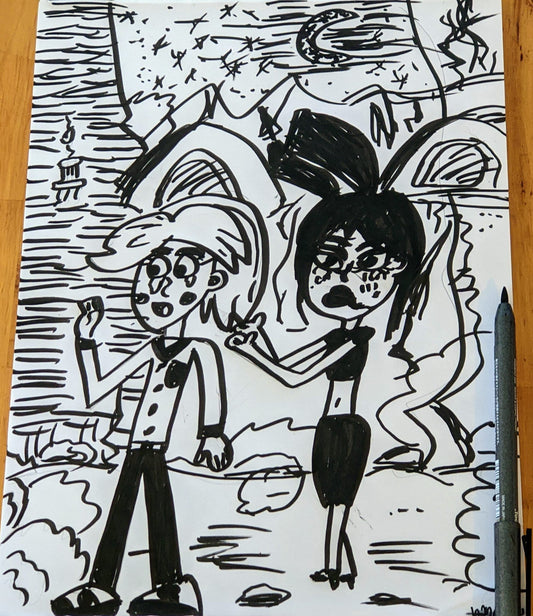 Camping nightmares pen and ink 9x12