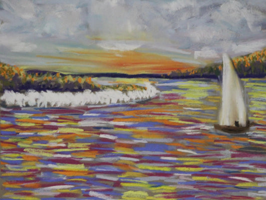 Original dry pastel sail boat cloudy sunset 9x12