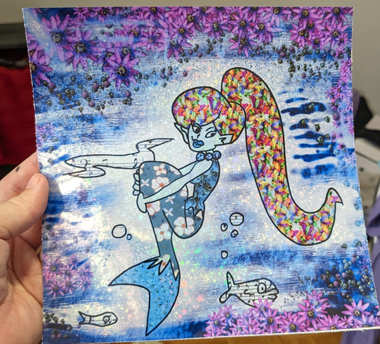 Holographic mermaid pink flowers 8x8 special edition print