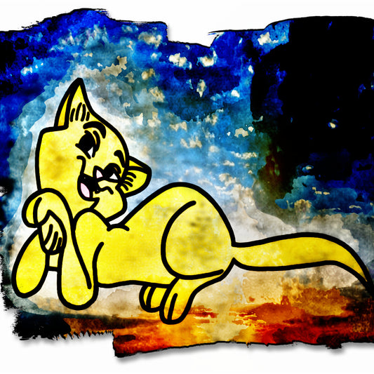 Starry yellow cartoon cat original art gloss prints