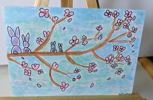 Bunnies and cherry blossoms pen and ink 6x8