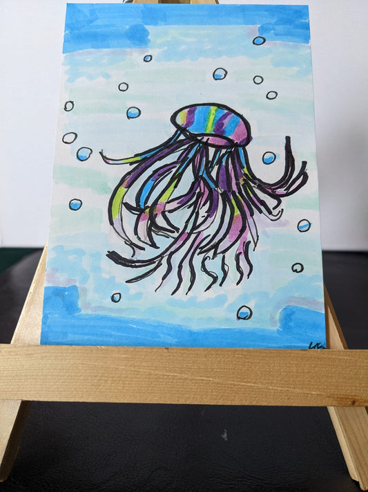 Whimsical jellyfish pen and ink 6x8