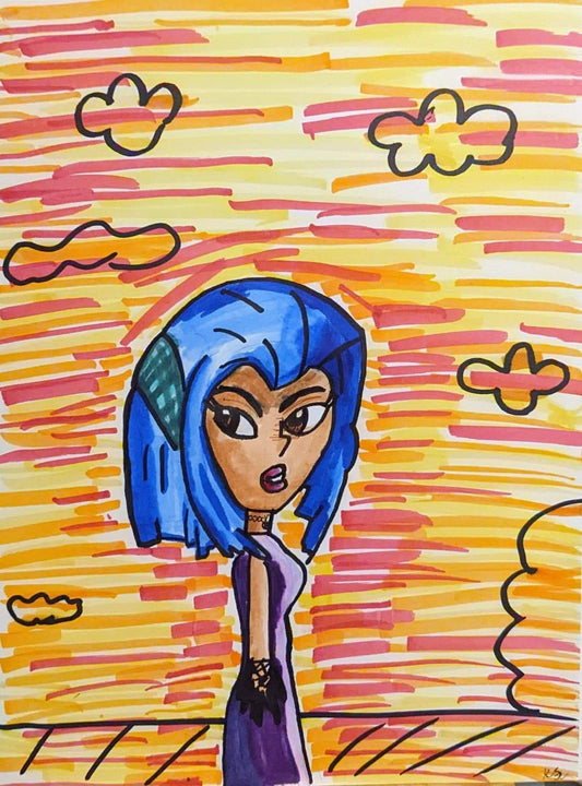 Walking in a sunset pen and ink 9x12