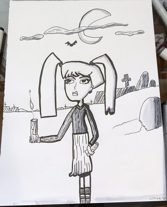 Candle light at the cemetery pen and ink 9x12