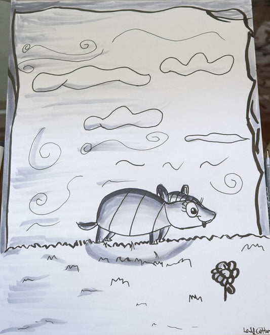 cute armadillo pen and ink 9x12