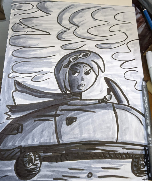 Hotrod retro girl pen and ink 9x12