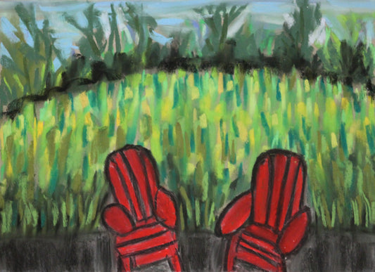 Red Muskoka chairs in Bala pastel impressionism artwork prints matte