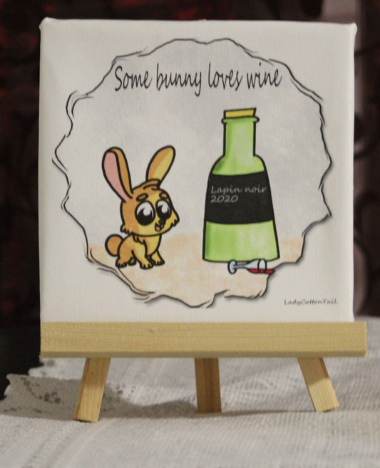 Some bunny love wine original cartoon art canvas print 7x7